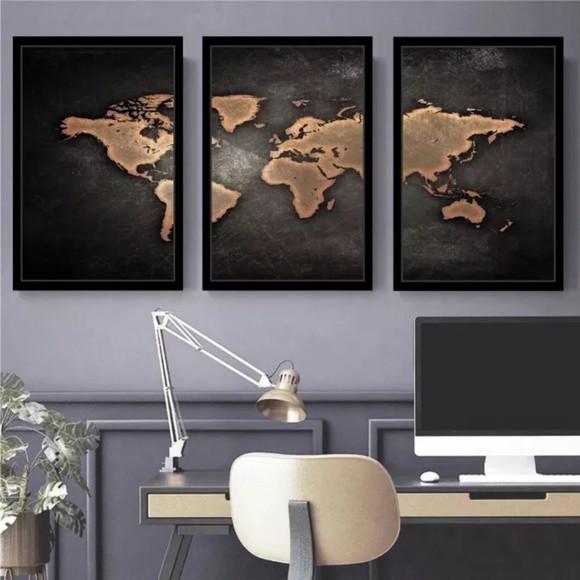 3 Quadros Decorativos Mapa Mundi Escritório Moldura Vidro