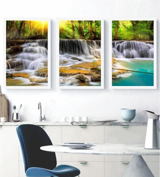 3 Quadros Decorativos Paisagem Cachoeira Natureza Moldura