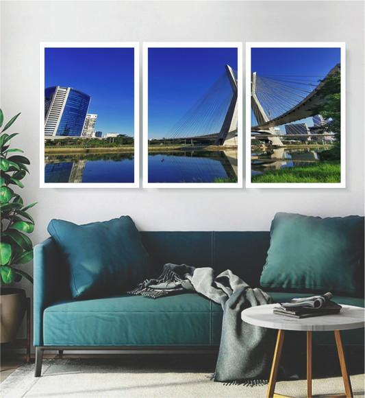 3 Quadros Decorativos Ponte Estaiada De São Paulo Moldura