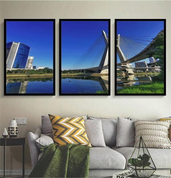 3 Quadros Decorativos Ponte Estaiada De São Paulo Moldura