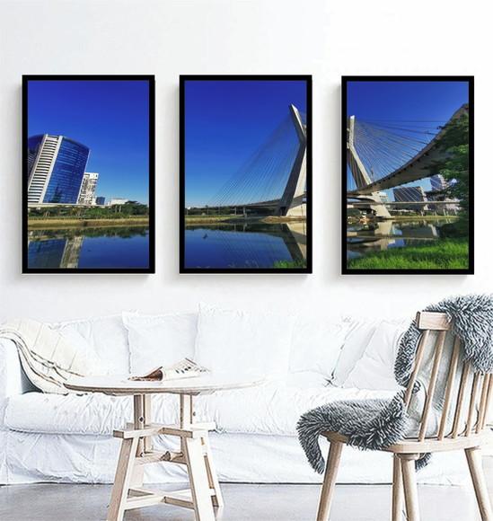 3 Quadros Decorativos Ponte Estaiada De São Paulo Moldura