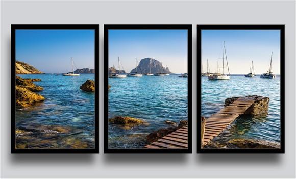 3 Quadros Decorativos Praia Deck Litoral Conjunto Moldura