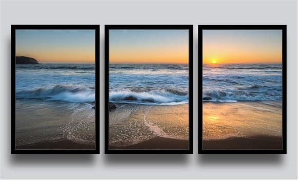 3 Quadros Decorativos Praia Por Do Sol Mar Conjunto Moldura