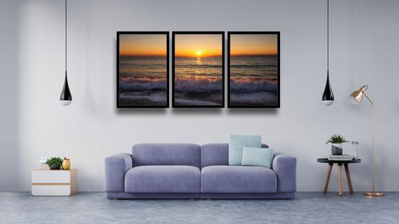 3 Quadros Decorativos Praia Mar Pôr Do Sol Oceano Moldura
