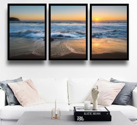 3 Quadros Decorativos Praia Por Do Sol Mar Conjunto Moldura