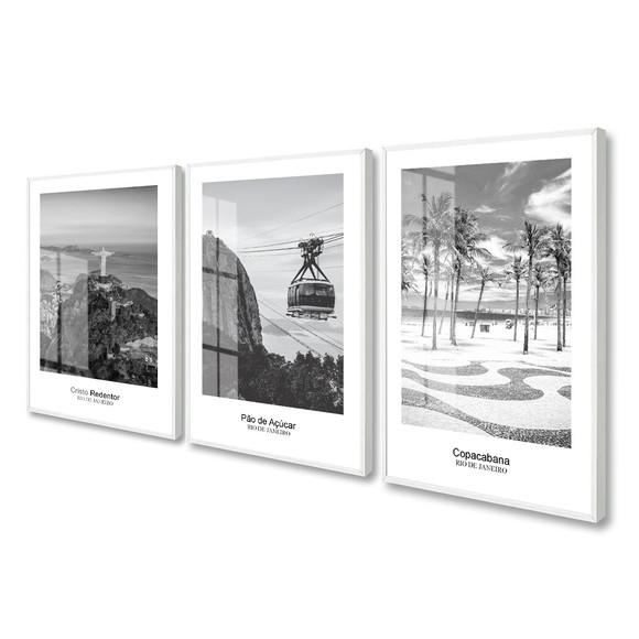 3 Quadros Decorativos Rio de Janeiro Preto e Branco Vidro