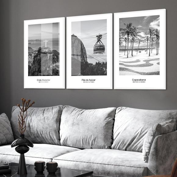 3 Quadros Decorativos Rio de Janeiro Preto e Branco Vidro