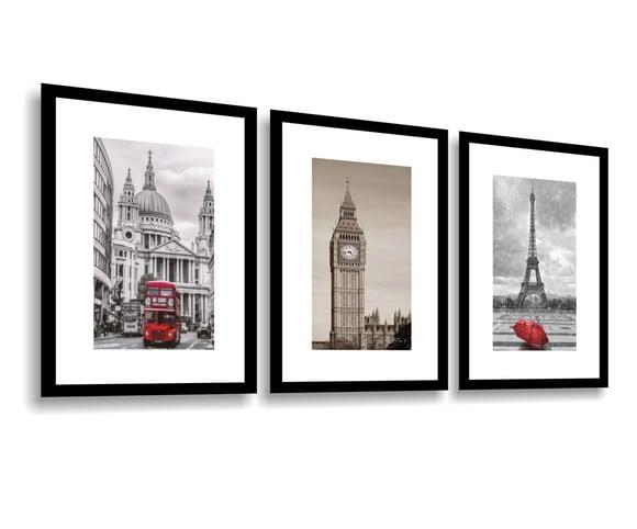3 Quadros Decorativos Trio Cidades Londres e Paris Molduras