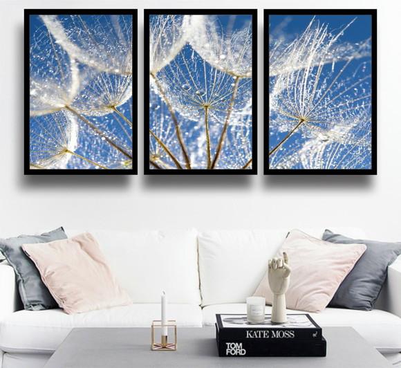 3 Quadros Dente De Leão Decoração Flores Conjunto Moldura