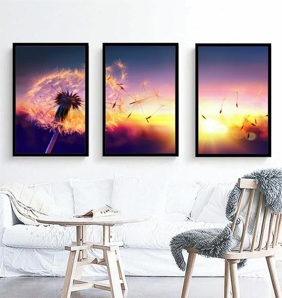 3 Quadros Dente De Leão Flores Decoração Pôr Do Sol Moldura