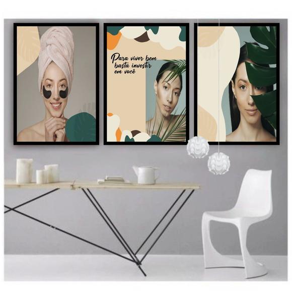 3 Quadros Estética Salão Frases Decoração Folhagem Moldura