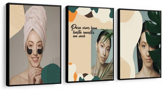 3 Quadros Estética Salão Frases Decoração Folhagem Moldura