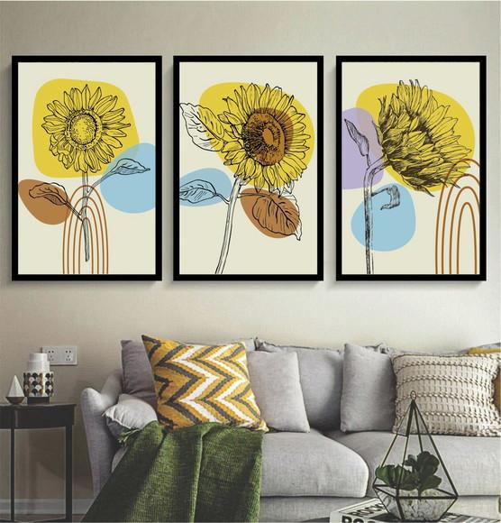 3 Quadros Flores Amarelas Girassol Desenho Decoração Moldura