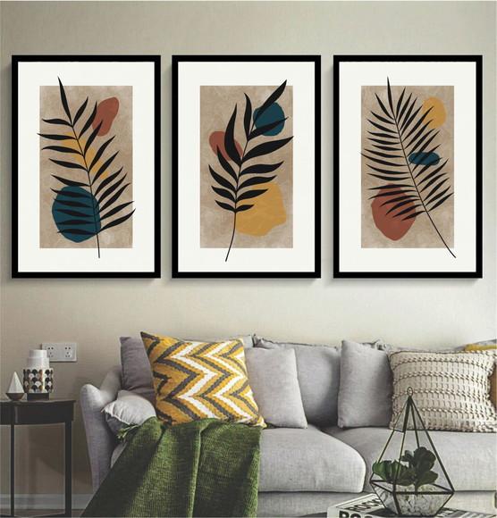 3 Quadros Flores Desenho Abstrato Moderno Decoração Molduras