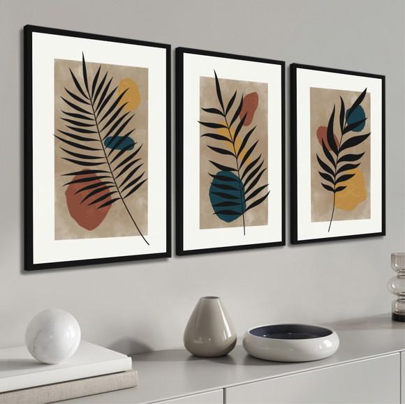 3 Quadros Flores Desenho Botânico Abstrato Decoração Moldura