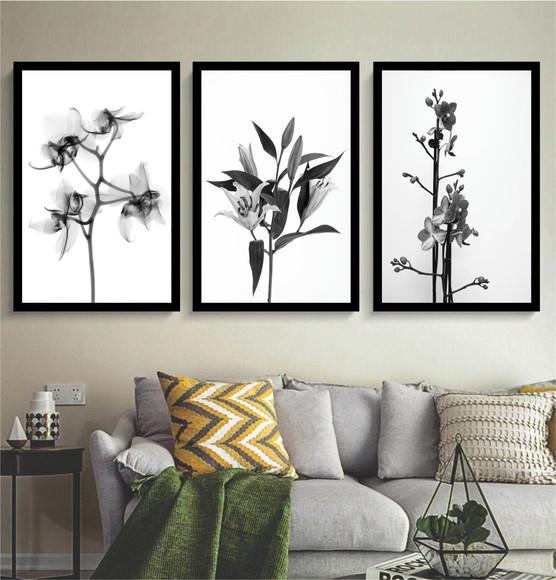 3 Quadros Flores Preto e Branco Conjunto Decoração Molduras