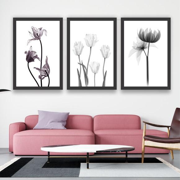 3 Quadros Flores Preto e Branco Botânico Decoração Molduras