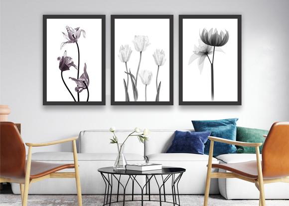 3 Quadros Flores Preto e Branco Botânico Decoração Molduras