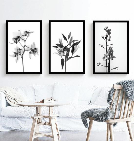 3 Quadros Flores Preto e Branco Conjunto Decoração Molduras