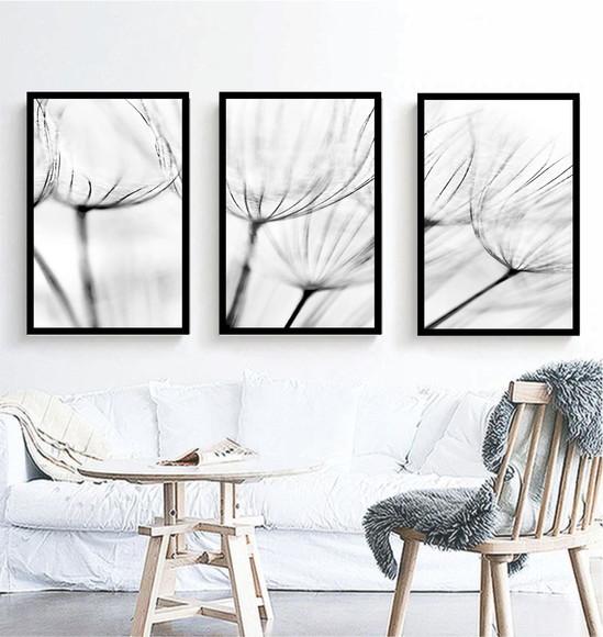 3 Quadros Flores Preto e Branco Decoração Conjunto Molduras