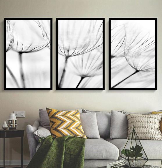 3 Quadros Flores Preto e Branco Decoração Conjunto Molduras