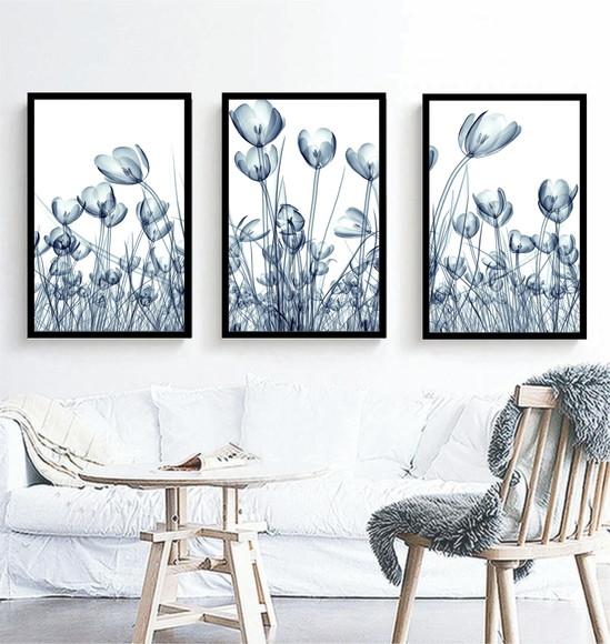 3 Quadros Folhagem Azul Botânico Decoração Conjunto Molduras