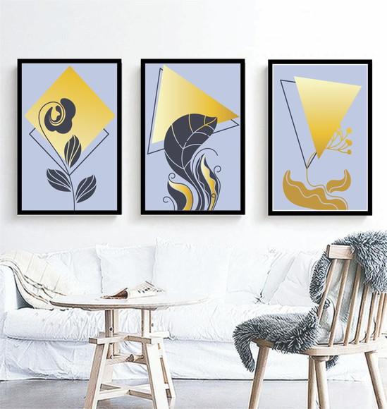 3 Quadros Folhagem Azul E Dourada Decoração Moderno Moldura