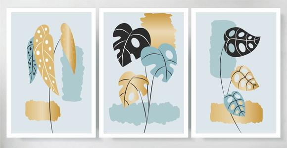 3 Quadros Folhagem Costela Azul Dourada Decoração Moldura