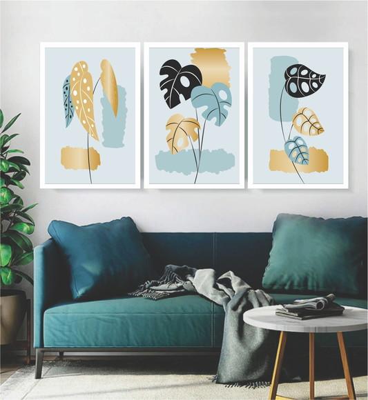 3 Quadros Folhagem Costela Azul Dourada Decoração Moldura