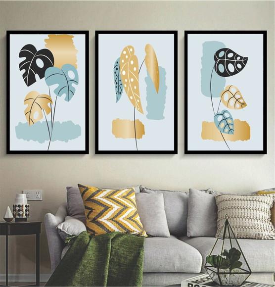 3 Quadros Folhagem Costela Azul Dourada Decoração Moldura