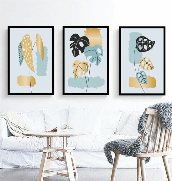 3 Quadros Folhagem Costela Azul Dourada Decoração Moldura