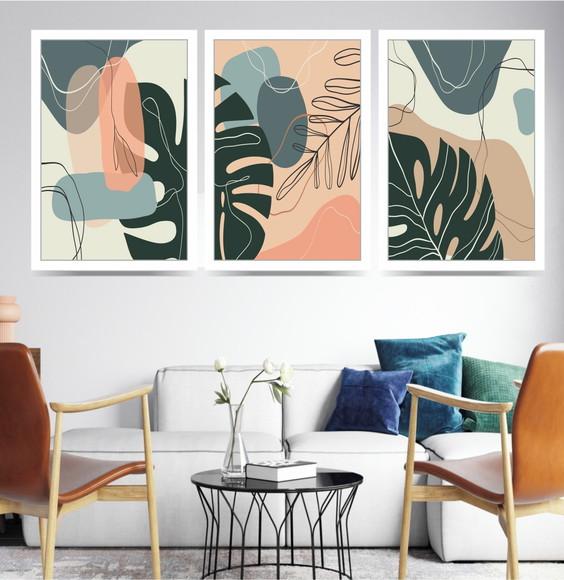 3 Quadros Folhagem Costela de Adão Desenho Decoração Moldura
