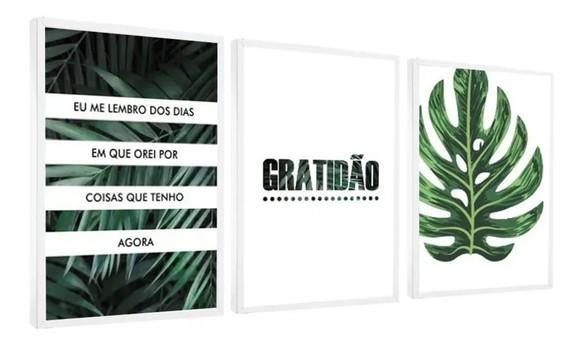 3 Quadros Folhagem Frases Gratidão Decoração Oração Molduras