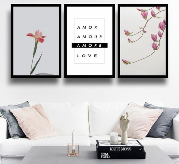3 Quadros Folhagem Rosa Amor Love Casal Decoração Moldura