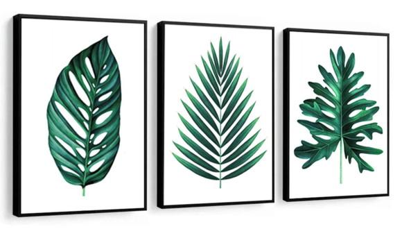 3 Quadros Folhagem Verde Botânico Decoração Conjunto Moldura