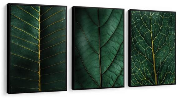 3 Quadros Folhagem Verde Botânico Dourado Decoração Molduras