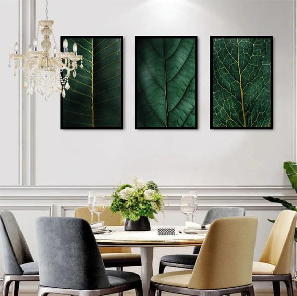3 Quadros Folhagem Verde Botânico Dourado Decoração Molduras