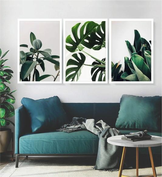 3 Quadros Folhagem Verde Costela De Adão Decoração Moldura