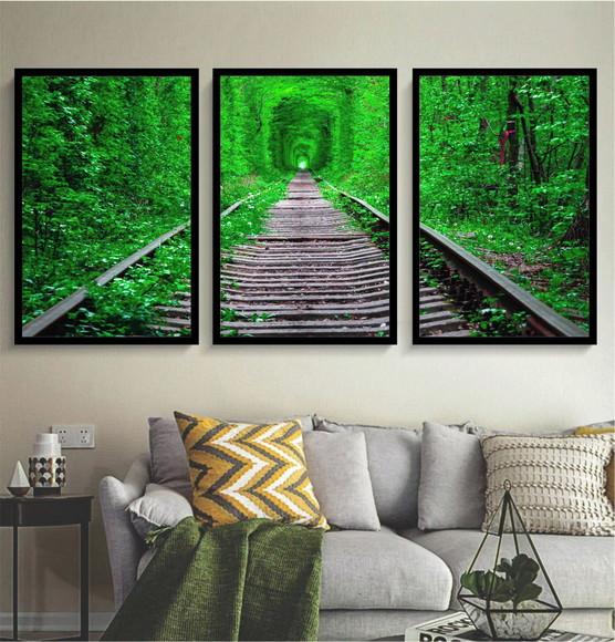 3 Quadros Folhagem Verde Paisagem Decoração Trilho Molduras