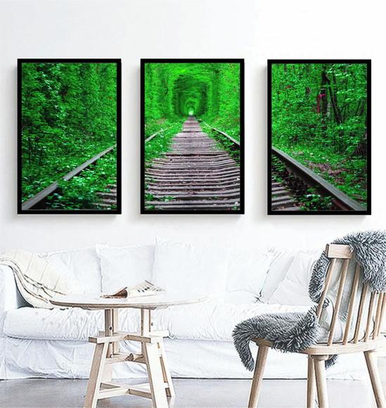 3 Quadros Folhagem Verde Paisagem Decoração Trilho Molduras