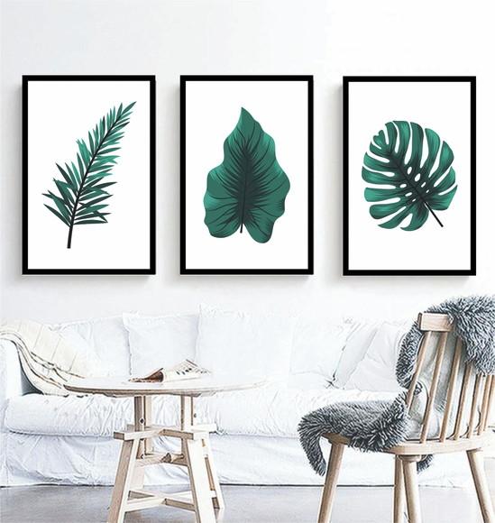 3 Quadros Folhagem Verde Tropical Decoração Conjunto Moldura