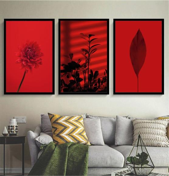 3 Quadros Folhagem Vermelha Tropical Decoração Com Moldura