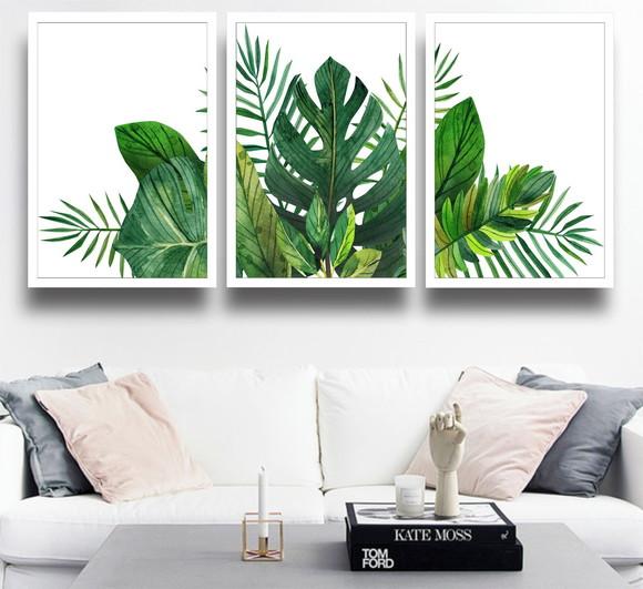 3 Quadros Folhagem Verde Tropical Monstera Decoração Moldura