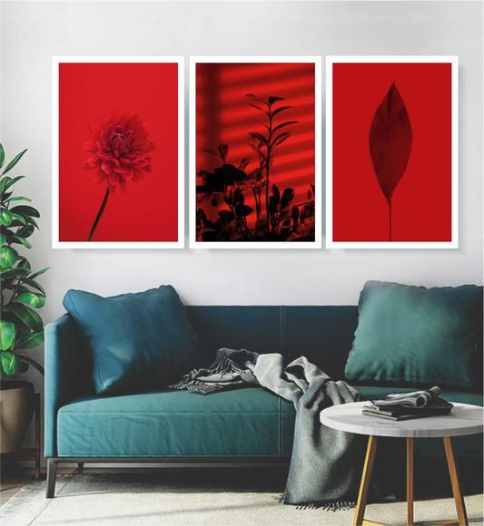 3 Quadros Folhagem Vermelha Tropical Decoração Com Moldura