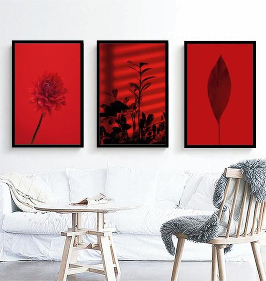 3 Quadros Folhagem Vermelha Tropical Decoração Com Moldura