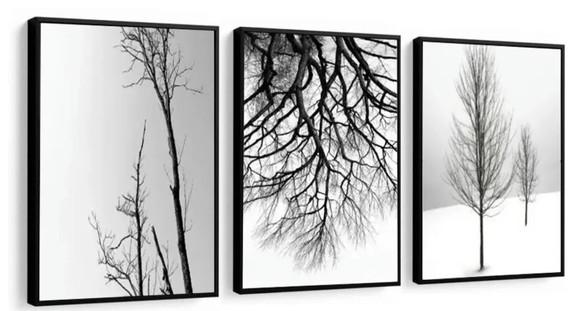 3 Quadros Galhos Preto e Branco Paisagem Decoração Molduras