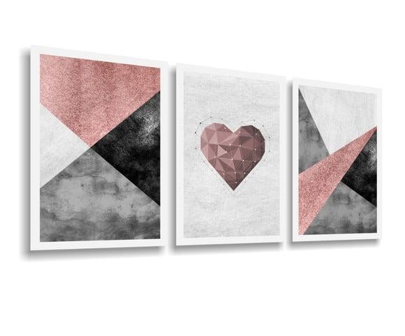 3 Quadros Geométrico Coração Rosa Casal Decoração Molduras
