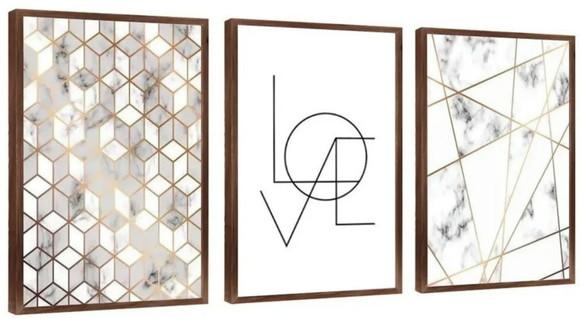 3 Quadros Geométrico Mármore Love Casal Decoração Molduras