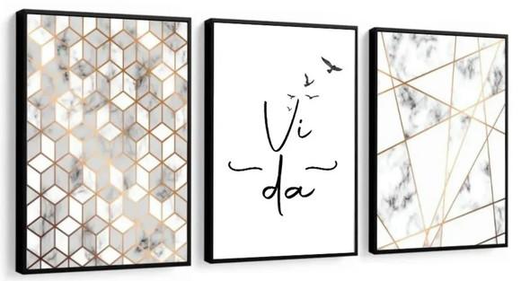 3 Quadros Geométrico Mármore Frases Vida Decoração Molduras