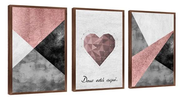 3 Quadros Geométrico Rosa Coração Frases Decoração Molduras
